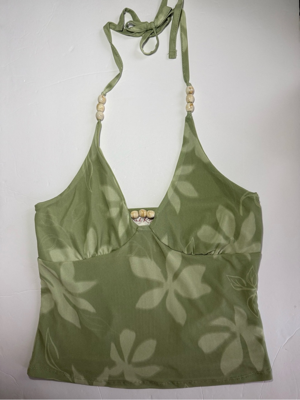 Pink Rose Green Floral Beaded Halter Top - Size M - Y2K Fairy Boho - NWT